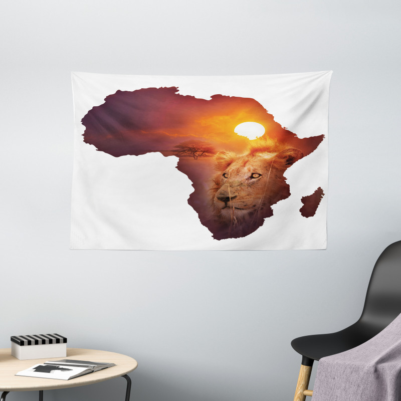 Lion and African Map Sunset Wide Tapestry