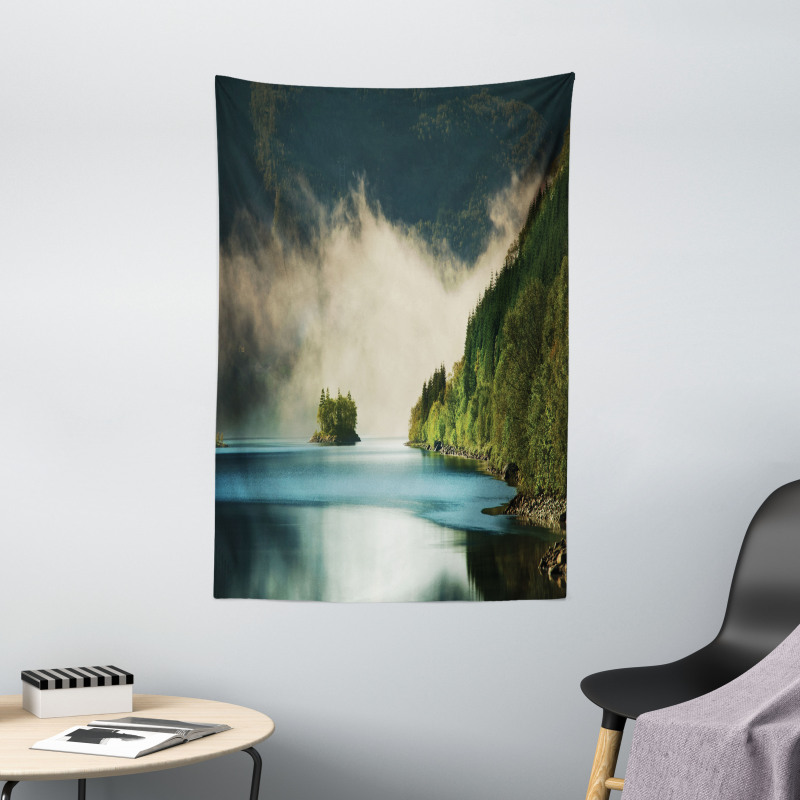 Foggy Mountain Reflection View Tapestry