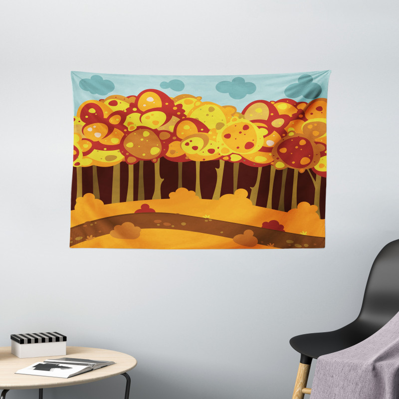 Forest in Autumn Cartoon Wide Tapestry