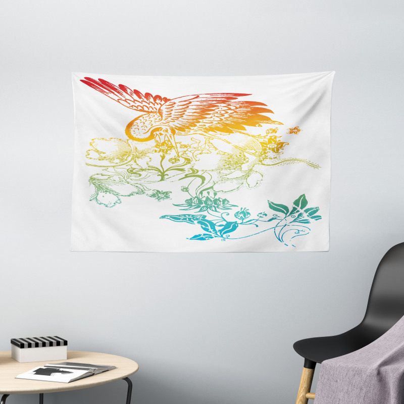 Oriental Bird with Flowers Wide Tapestry