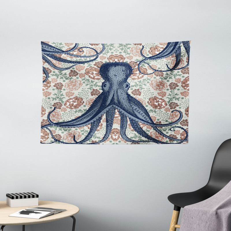 Animal on Retro Flowers Wide Tapestry