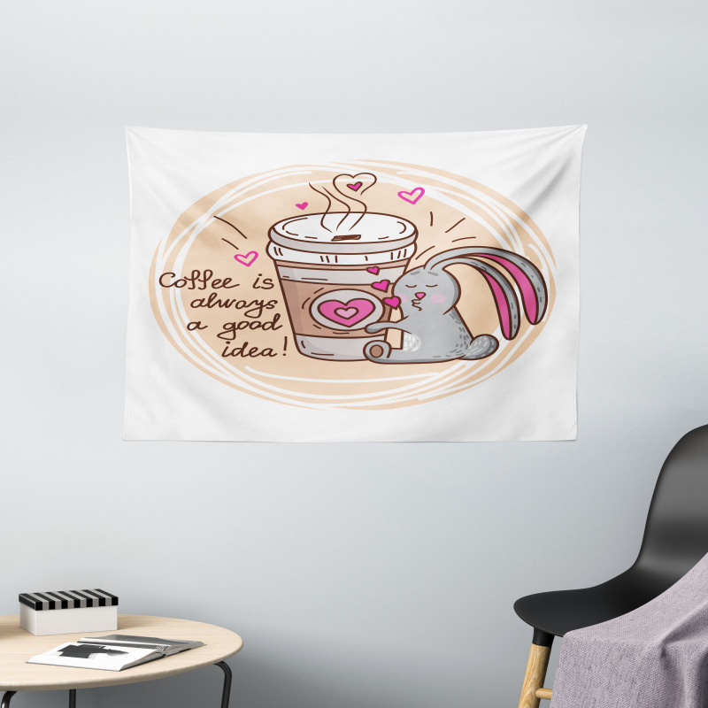 Coffee Lover Rabbit Words Wide Tapestry