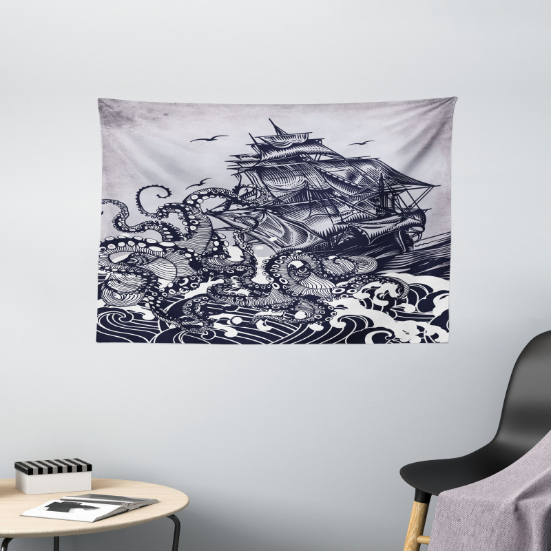 Octopus and Ship in Storm Wide Tapestry