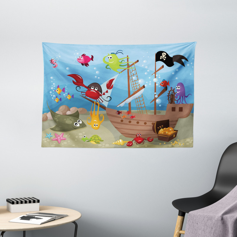 Ship Underwater Animals Wide Tapestry