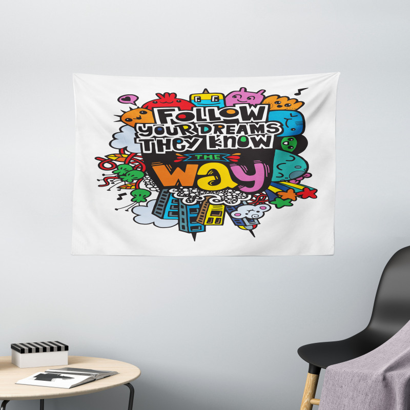 Monster Doodle Positive Words Wide Tapestry