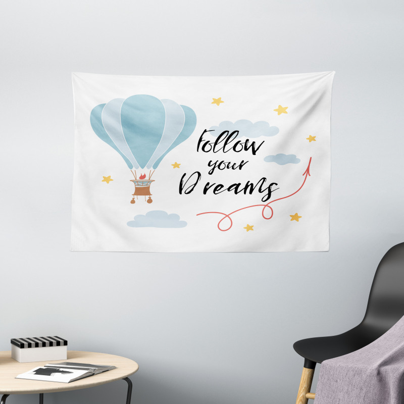 Hot Air Balloon Stars Clouds Wide Tapestry