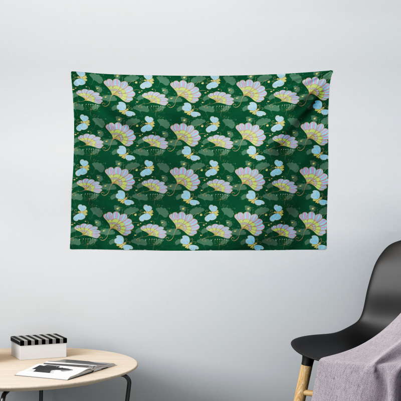 Cartoonish Flowers Butterfly Wide Tapestry