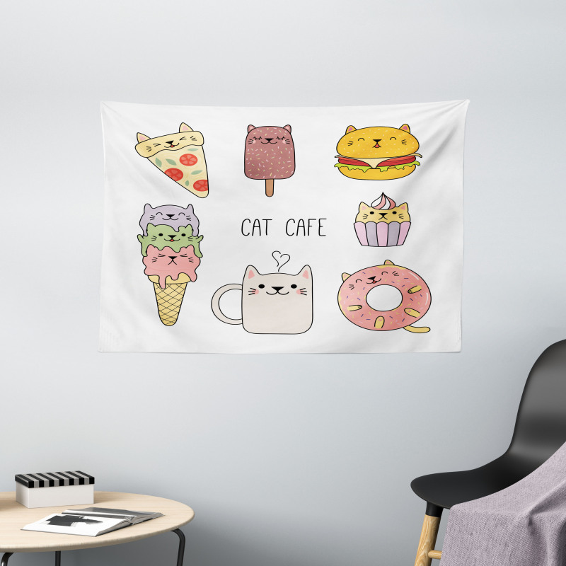 Cats Cafe Food Shapes Wide Tapestry