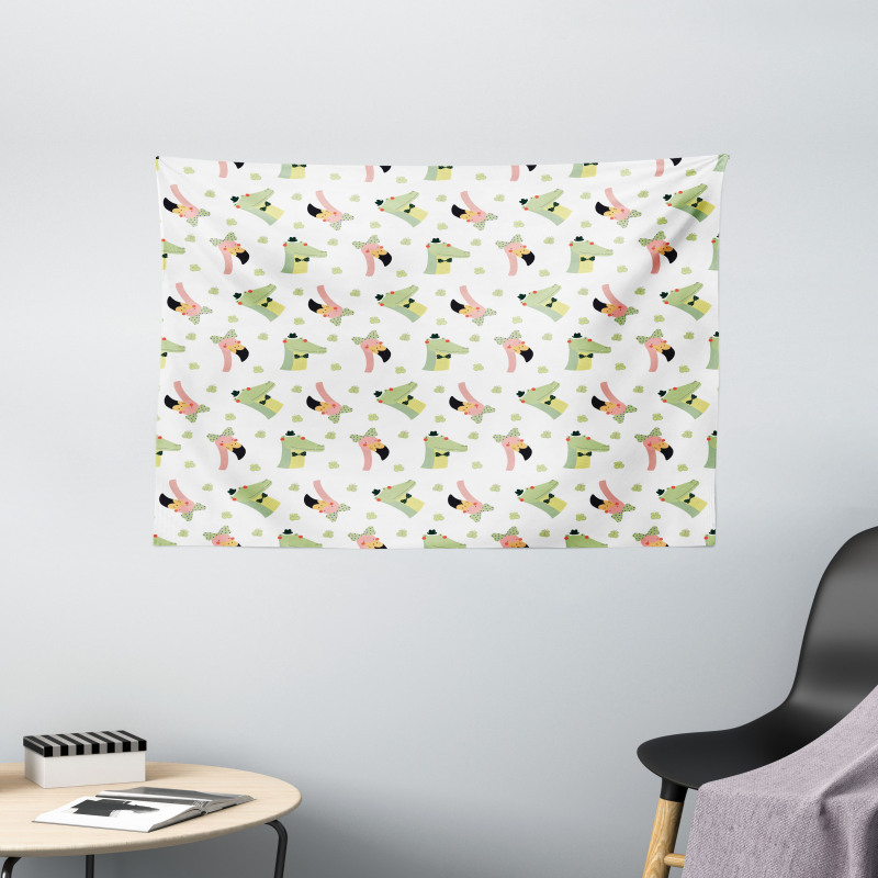 Crocodile Flamingo Doodle Wide Tapestry