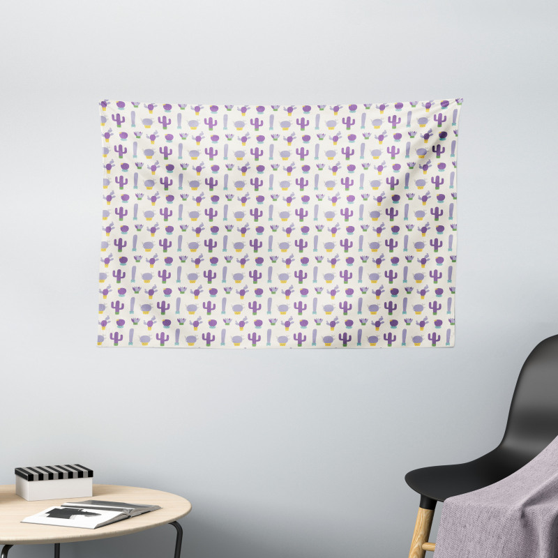 Purple Smiling Cactus Faces Wide Tapestry