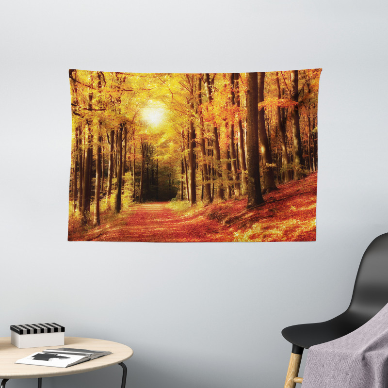 Fall Trees at Sunset Woods Wide Tapestry