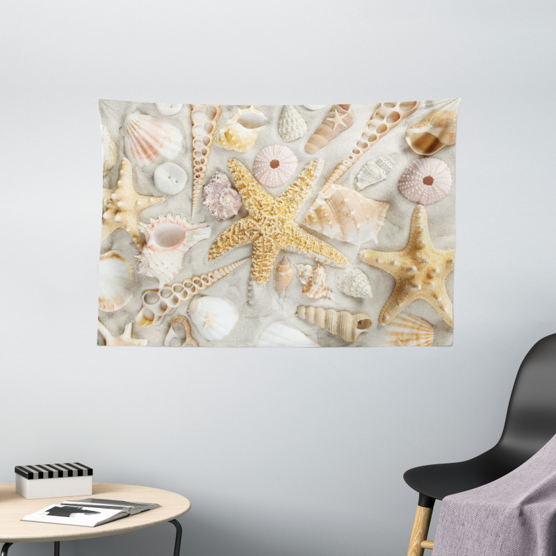 Assorted Seashells Sand Beach Wide Tapestry