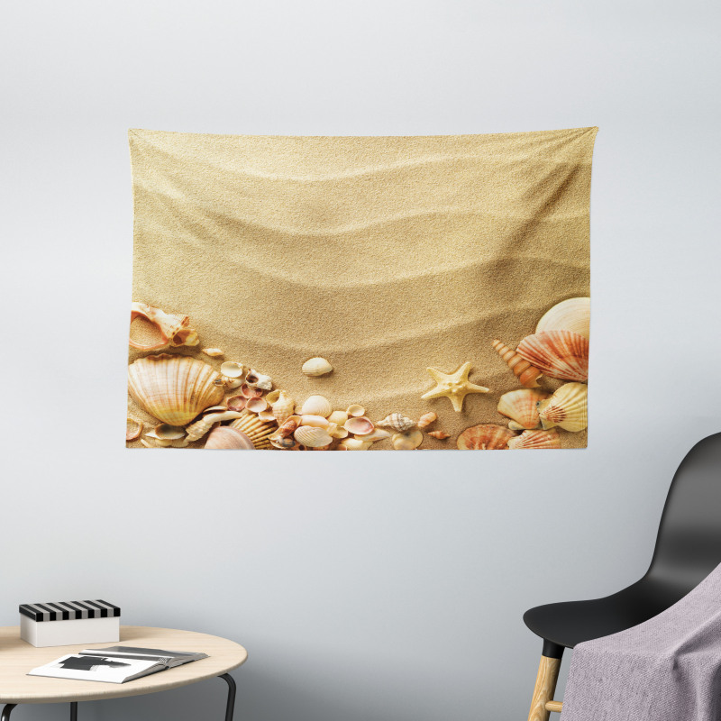 Various Seashells on Sand Wide Tapestry