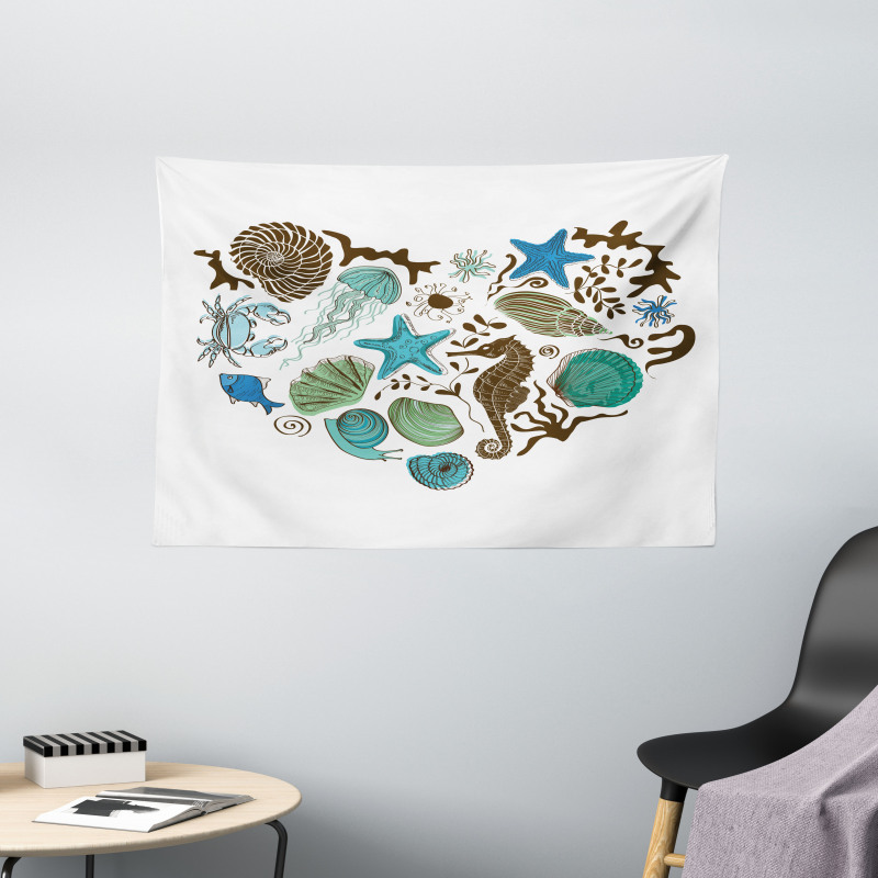 Heart with Aquatic Animals Wide Tapestry