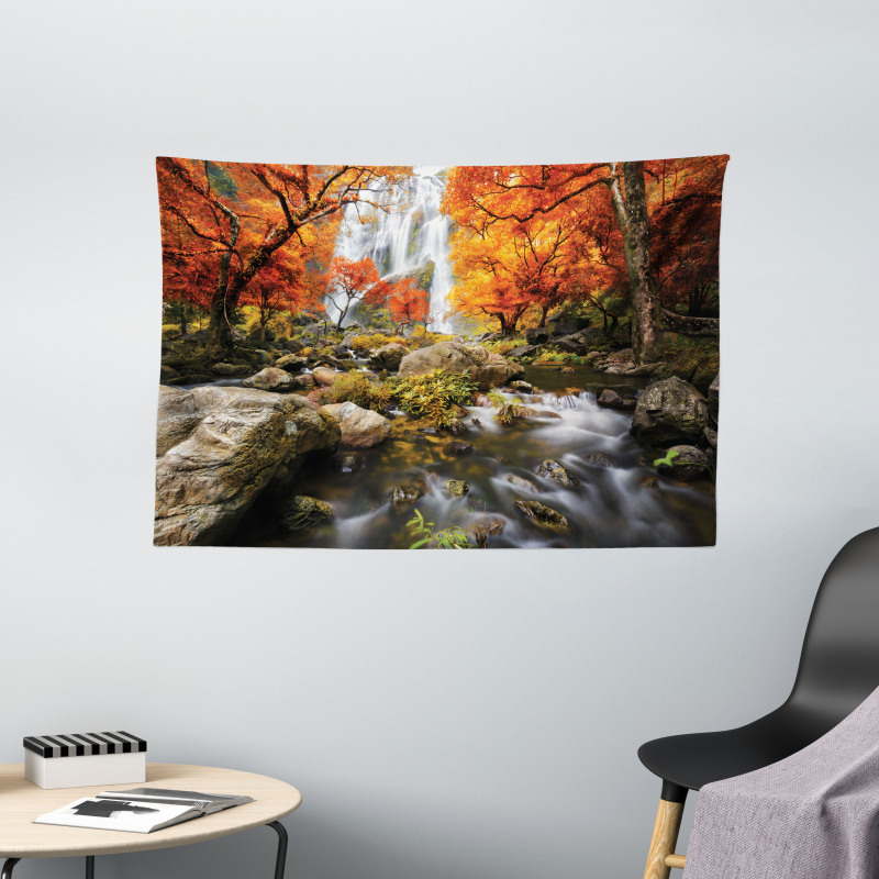 Autumn River Stream on Rocks Wide Tapestry