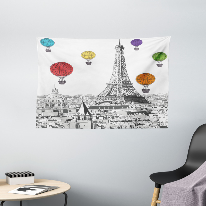 Eiffel Tower and Balloons Wide Tapestry