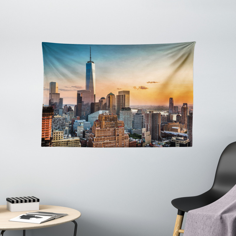 Sunset Manhattan Skyline Wide Tapestry