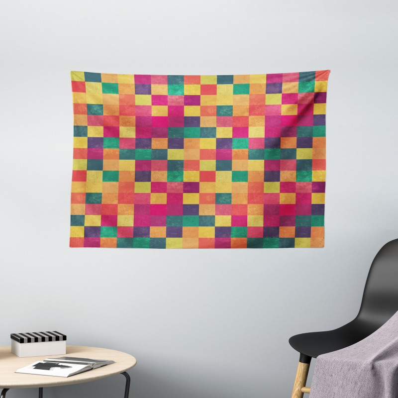 Vintage Colorful Squares Wide Tapestry