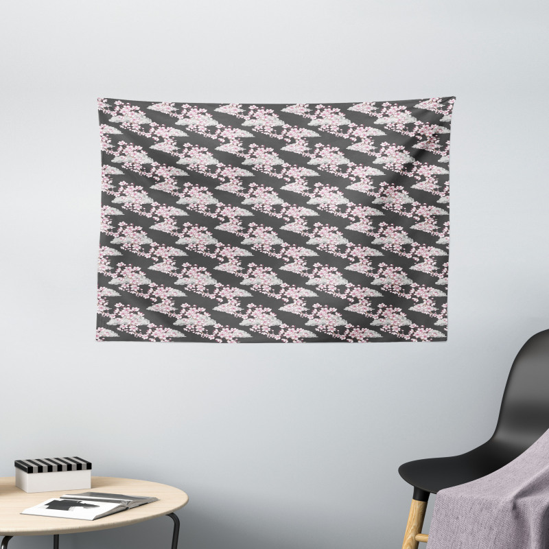 Sakura Branches Greyscale Wide Tapestry