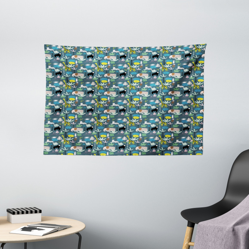 Childish Art Forest Animals Wide Tapestry