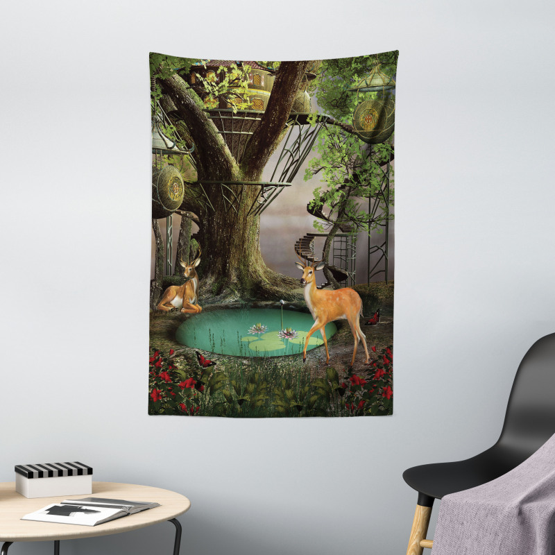 Abstract Deer and Tree House Tapestry