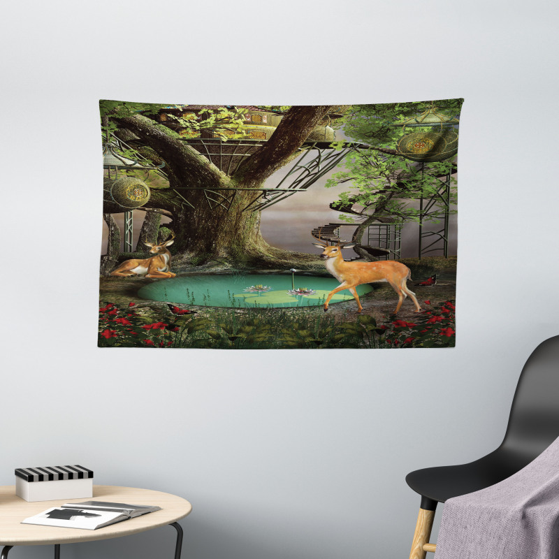 Abstract Deer and Tree House Wide Tapestry