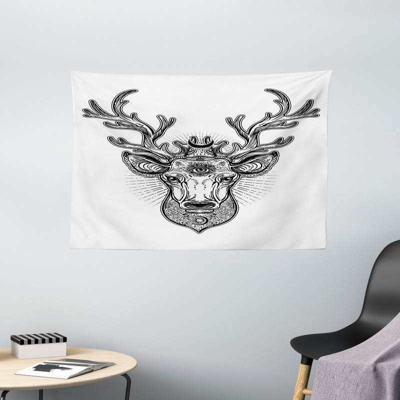 Ornate Deer Head Moon Antlers Wide Tapestry