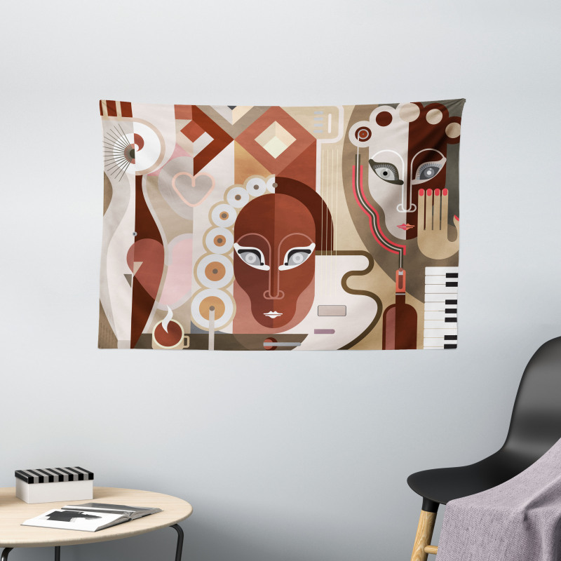 Abstract Shapes and Faces Wide Tapestry