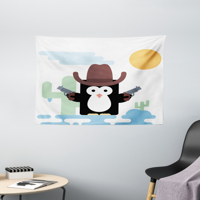 Cacti Cowboy Penguin in a Hat Wide Tapestry