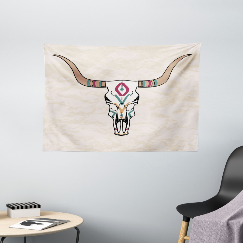 Tribal Bull Skull Folkloric Wide Tapestry