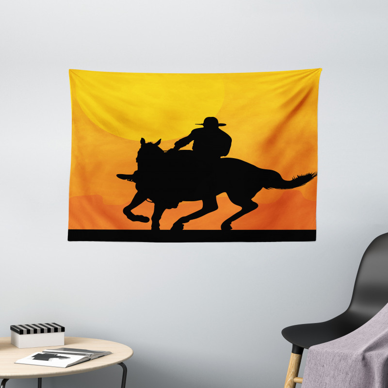 Silhouette of a Lone Rider Wide Tapestry