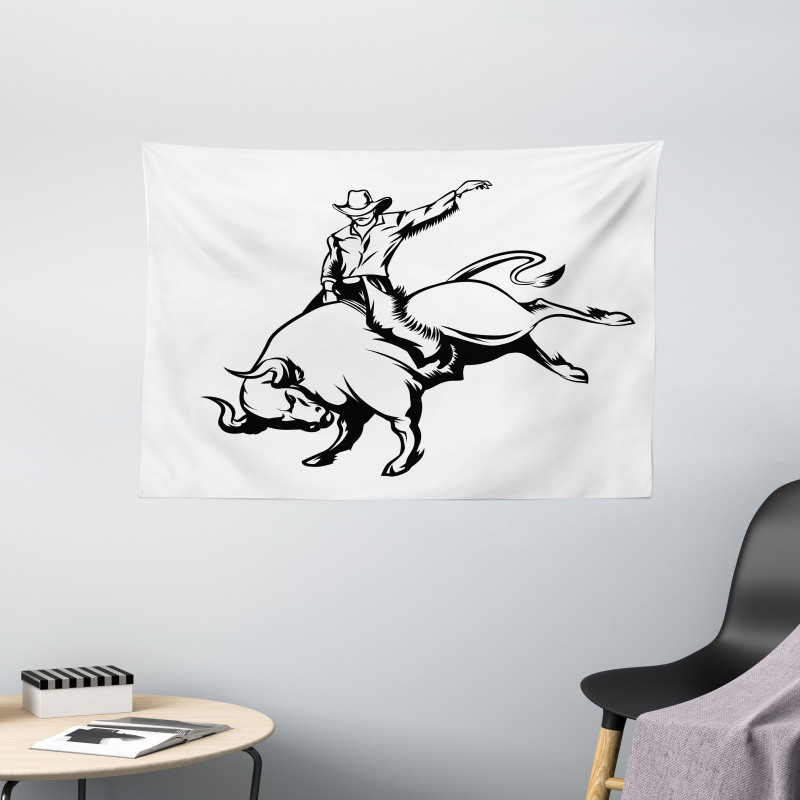 Cowboy Riding a Wild Bull Wide Tapestry