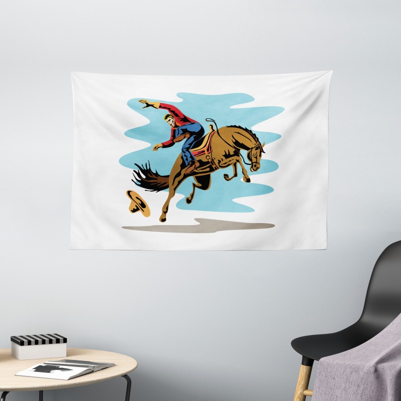 Cowboy Falling off His Horse Wide Tapestry