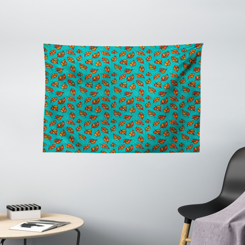 Doodle Art Falling Leaves Wide Tapestry