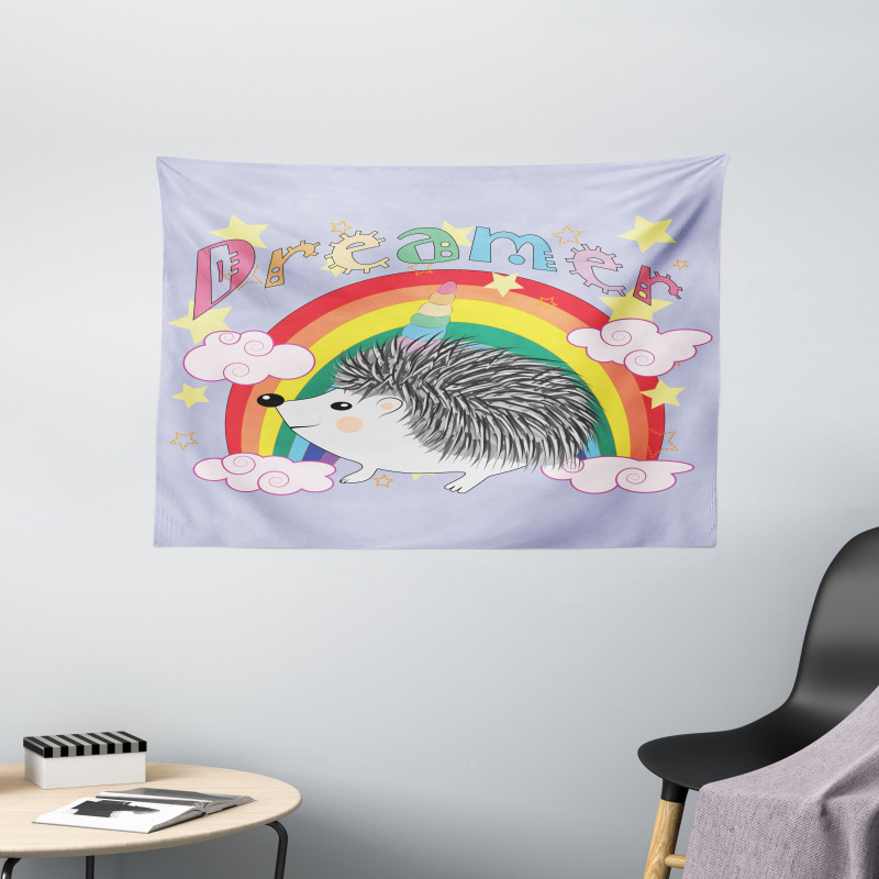 Rainbow Hedgehog Unicorn Wide Tapestry