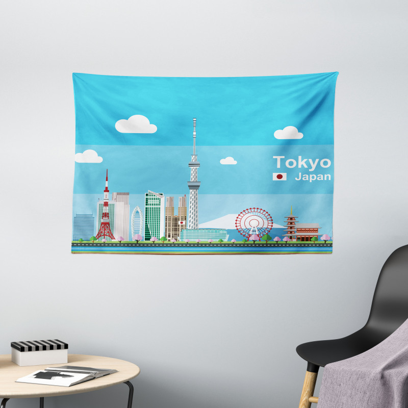 Cartoon Japan Sightseeing Wide Tapestry