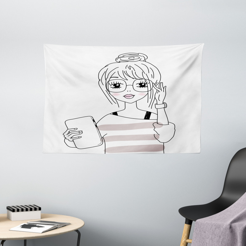 Sketchy Hipster Girl Tablet Wide Tapestry