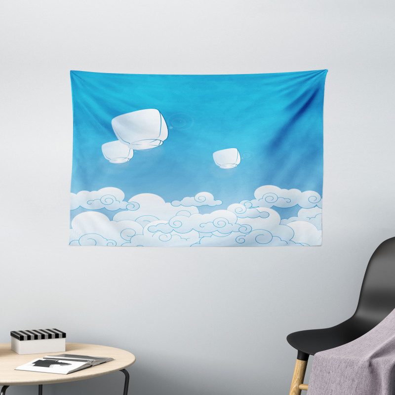 Lantern Floating Away in Sky Wide Tapestry