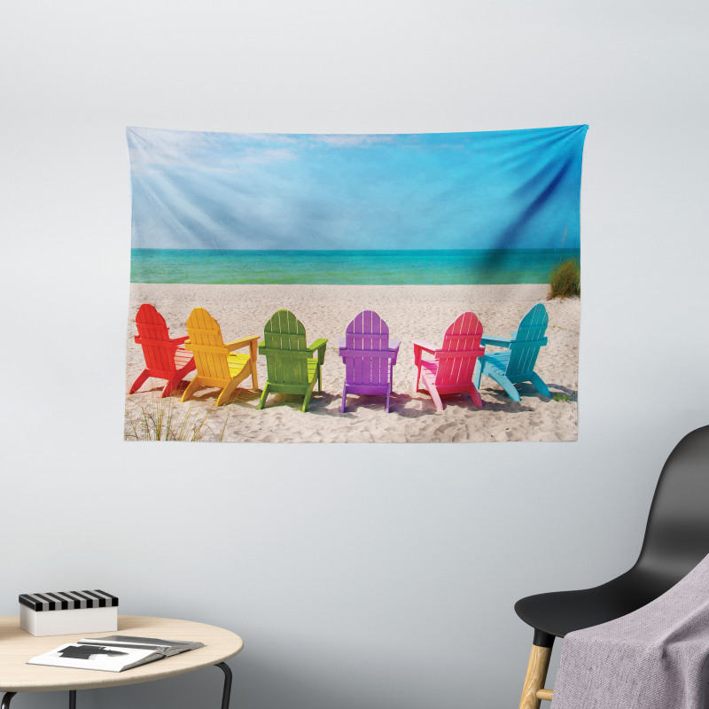 Colorful Wooden Deckchairs Wide Tapestry