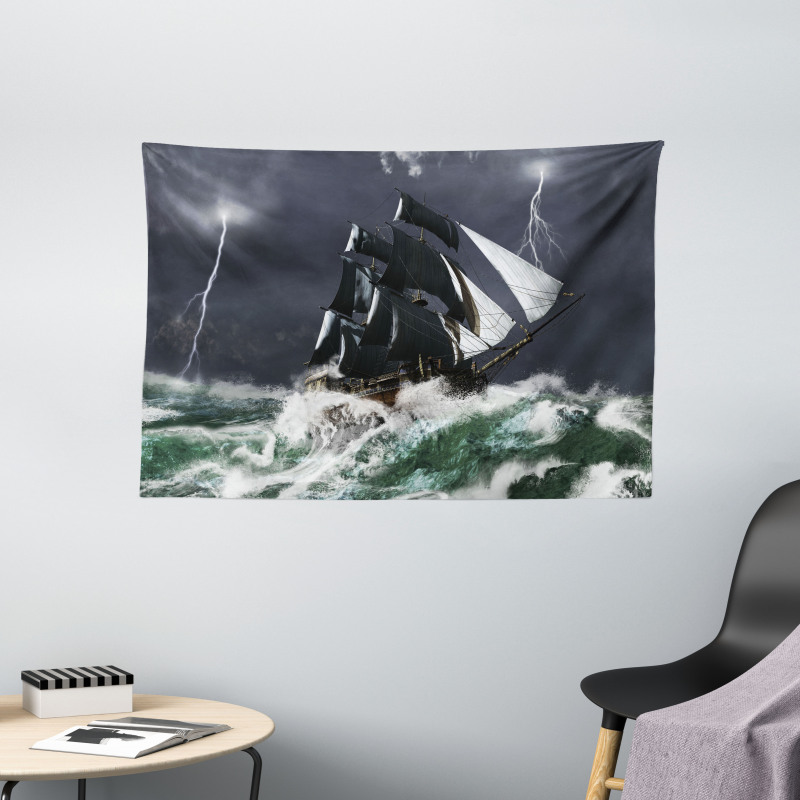 Storm Ship on Wavy Ocean Wide Tapestry