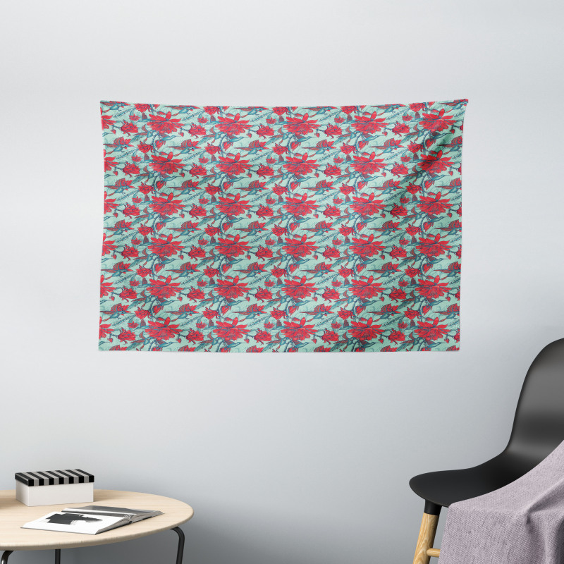 Animals and Flower Branches Wide Tapestry