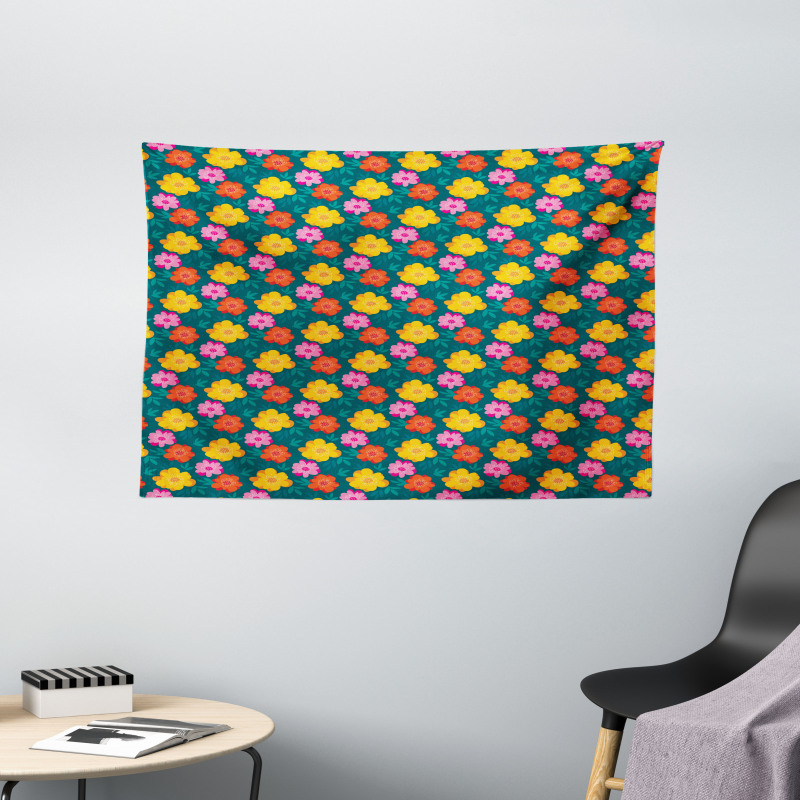 Hand Drawn Flowers Petals Wide Tapestry