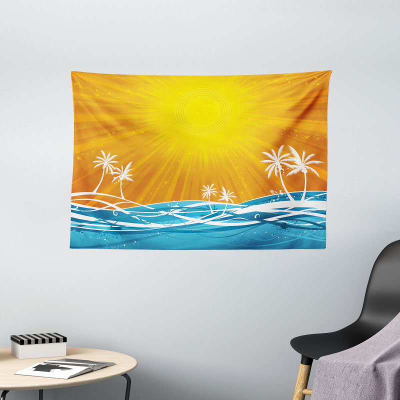 Wavy Ocean Palm Trees Lines Wide Tapestry