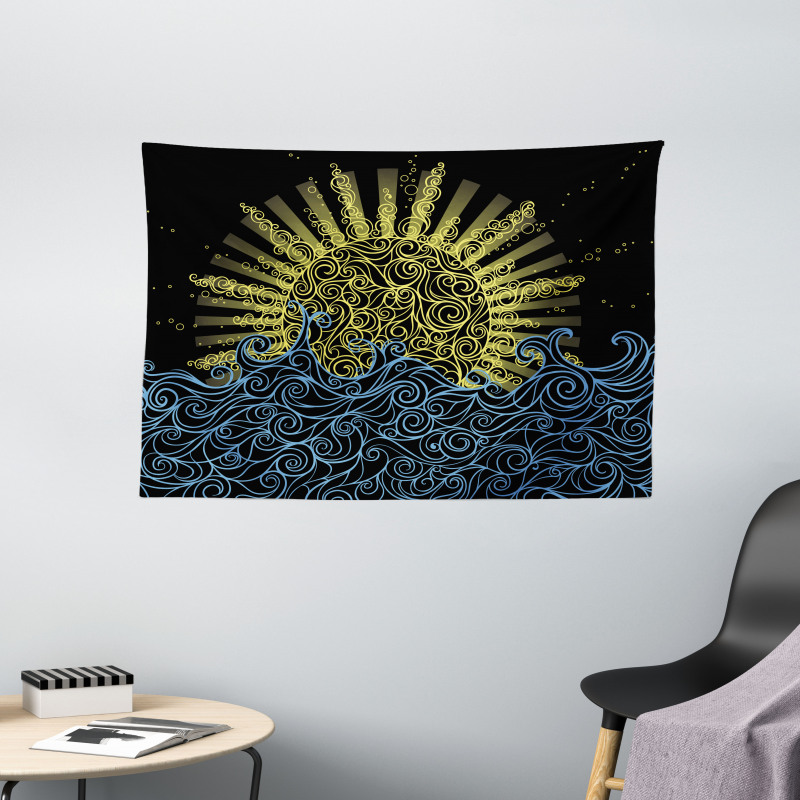 Wavy Ocean Summer Sky Motif Wide Tapestry