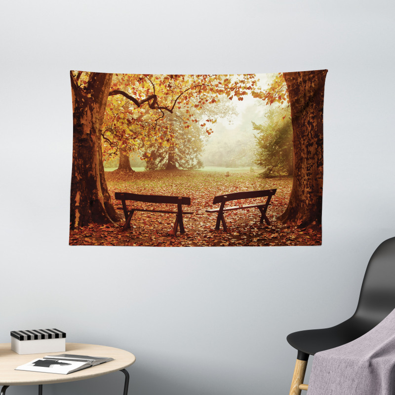Dramatic Trees and Benches Wide Tapestry