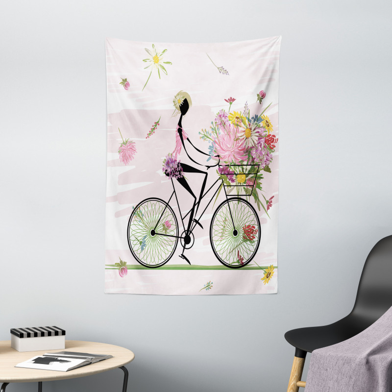 Girl Riding Bike Flowers Tapestry