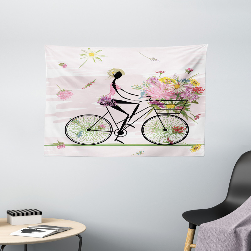 Girl Riding Bike Flowers Wide Tapestry