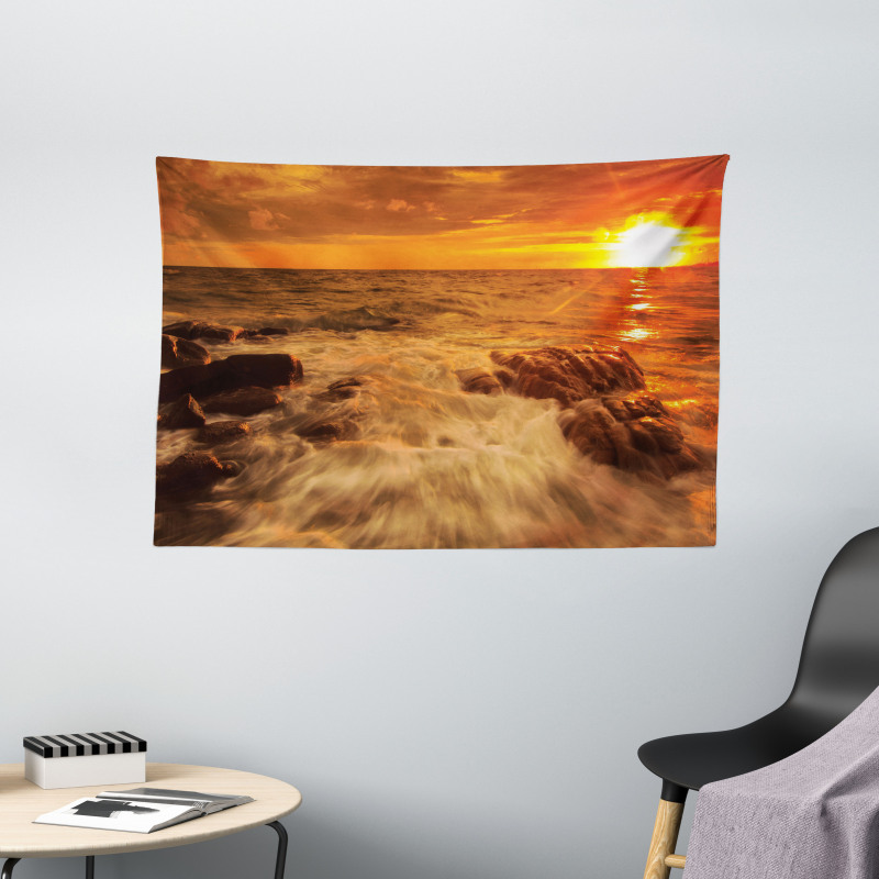 Ocean with Rocks at Sunset Wide Tapestry