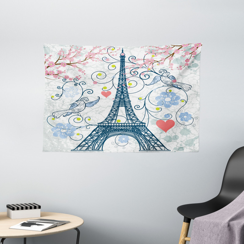 Eiffel Swirling Flowers Heart Wide Tapestry