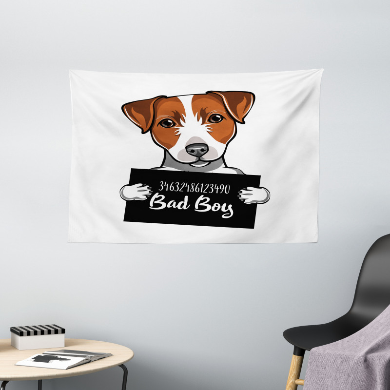 Dog Holding a Sign Wide Tapestry